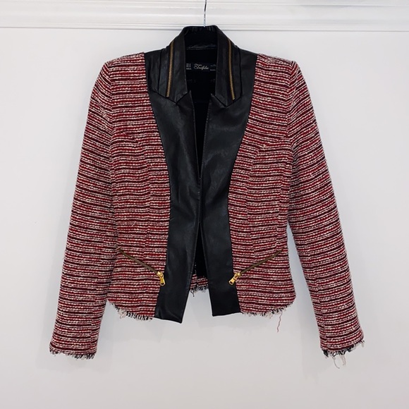 Zara Trafaluc tweed jacket with faux leather zipper pockets Size M - Picture 2 of 13